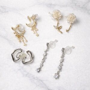 Korean Rose Clip-On Earrings | No Piercing Floral Rose / Moon Star / Crystal